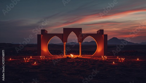 Building With Glowing Doors Under Night Sky in Desert Area