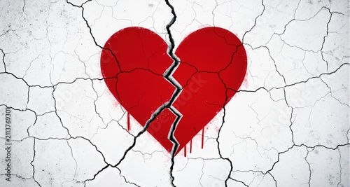 Broken red heart symbol on cracked white wall background. Symbol of lost love grief pain and relationship breakup. Sadness loneliness sorrow despair.
