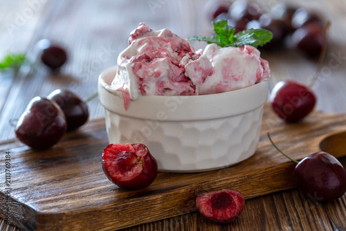 Homemade lactose-free vanilla cherry ice cream.