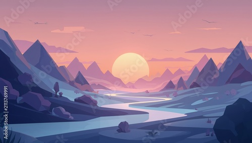Mountain Landscape at Sunset With River and Clouds in the Sky