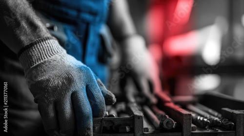 protective work gloves hanging in industrial workshop