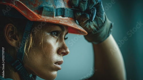 female construction worker adjusting safety helmet portrait