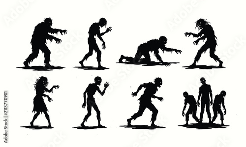 Foto Creepy zombie silhouettes set with spooky monster characters vector illustration