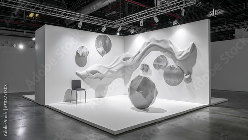 White Art Exhibit With Abstract Shapes in a Large Space