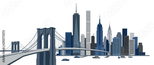 New York City Skyline with Brooklyn Bridge, Manhattan Buildings, and Water