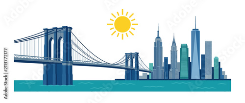 New York City Skyline with Brooklyn Bridge and Sunny Day Illustration
