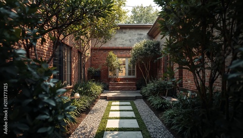 Pathway Leads to a Door Framed by Plants and Trees in a Residential Garden