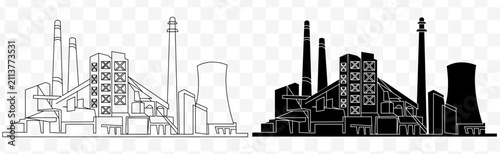 Industrial factory complex silhouettes, featuring outline and solid black of manufacturing plants industry