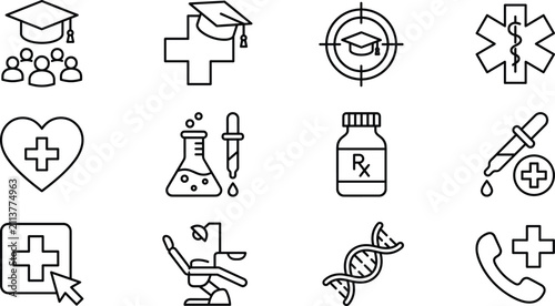 Medical education healthcare science pharmacy clinical services university target training and online digital health line icon set