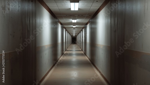 Long and Empty Hallway With Fluorescent Lights in a Building
