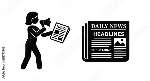 Obraz na płótnie News Announcement Silhouette With Newspaper And Megaphone Black And White