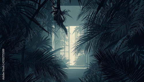 View From a Dark Jungle Leading to a Lighted Space and Window
