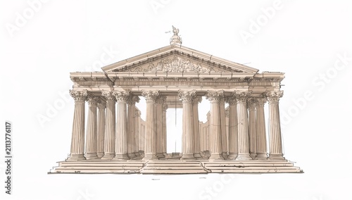 Drawing of a Classical Building With Columns and Detailed Sculpture in Front of a White Background