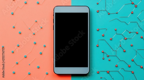 A sleek smartphone lies centered on a vibrant, split background, one side coral and the other teal, with abstract lines and dots suggesting technology, Ideal for tech-related designs and marketing,
