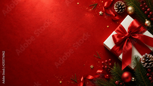 Luxury Red Christmas Background with Gift Box, Pine Branches, Ornaments and Copy Space