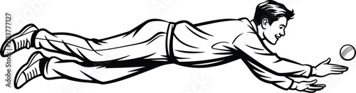 фотографія Cricket fielder diving in midair to catch a ball retro comic engraving sketch ve