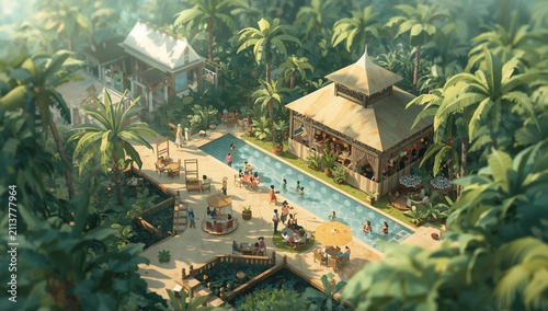 Tropical Resort With Pool Surrounded by Palm Trees and Huts at Midday