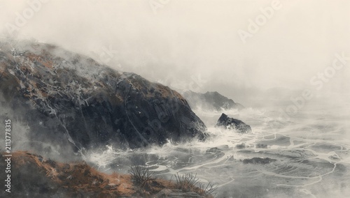 Foggy Coastal Scene With Rocky Shore and Gentle Waves in the Morning