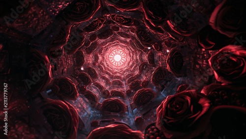 Swirling Pattern of Red Roses and Light Creates a Tunnel Effect