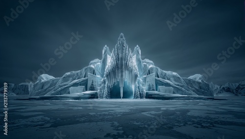 Stunning Ice Castle Stands Tall in a Frozen Landscape Under a Cloudy Sky