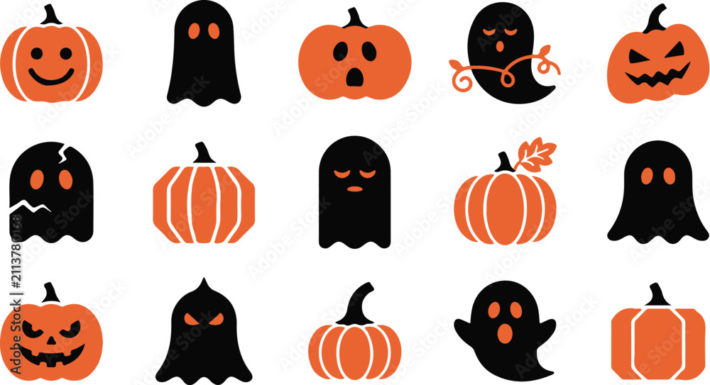 Fototapeta premium Set of Halloween ghost silhouettes with expressive flying shapes