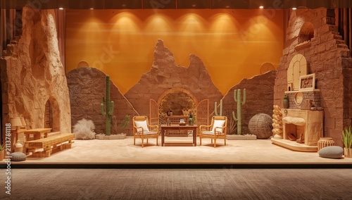 Set Design With Furniture and Desert Backdrop for a Stage Performance