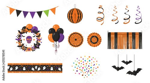 Set of halloween decorations including pumpkins banners wreaths and spooky elements for celebration