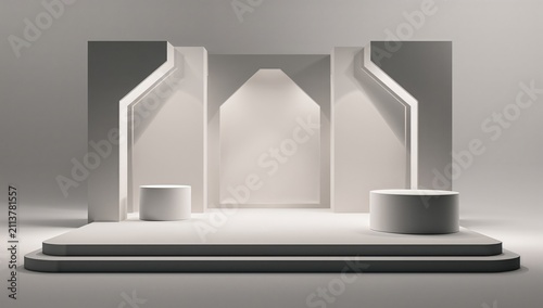 Modern Stage Design With White Geometric Forms and Lighting Setup in a Studio...