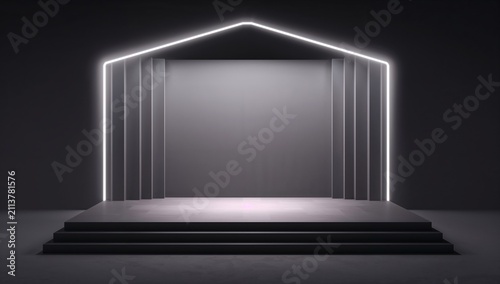 Modern Stage Design With White Geometric Forms and Lighting Setup in a Studio...