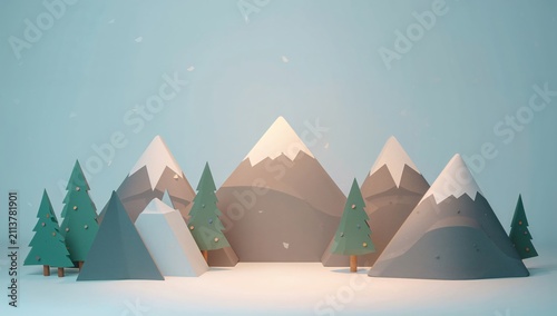 Mountain Scene Made of Paper With Trees and Snow in a Simple Setting