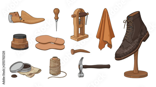Collection of vintage tools and accessories including shoes, hammer, and wooden objects
