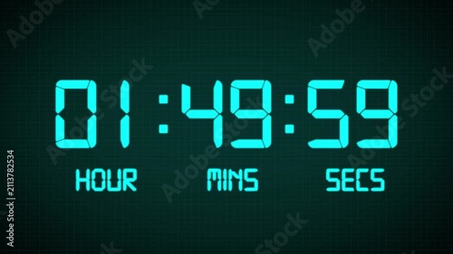 2 Hours countdown timer animation, isolated on a blue and grid background with an alpha channel. High quality 4K video.