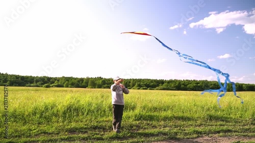Bright kite dances in open sky above green field. Child laughs, holding line as kite soars high. Sunlight glows, casting soft shadows on grass. Perfect for joyful outdoor moments, nature adventures