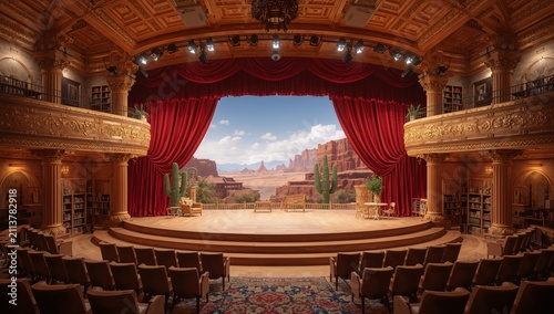 Stage With Red Curtains and Desert View in a Theater