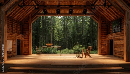 Wooden Stage Set in a Forest With a Table and Chair During the Day