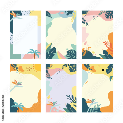 Tropical Botanical Social Media Story Background Templates Set with Palm Leaves and Abstract Shapes