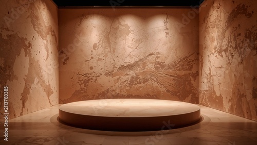 Empty Stage With Round Platform and Textured Walls in Indoor Space