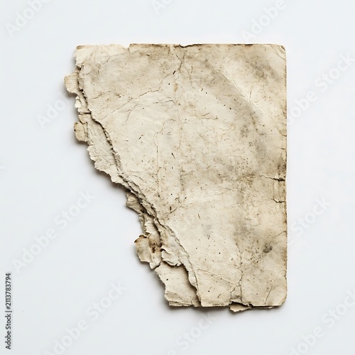 Aged parchment paper texture with torn edges on a white background antique and weathered document effect