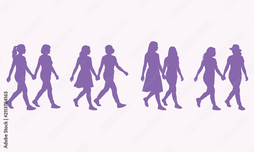 Obraz premium Couples walking and holding hands silhouettes set vector illustration