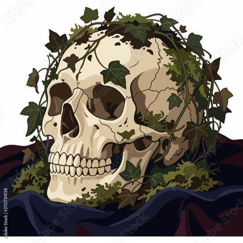 Human skull entwined with green ivy vines.