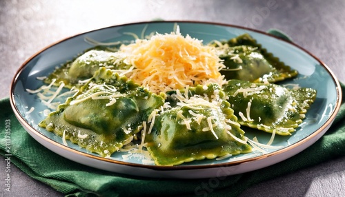 a plate of ravioli with spinach and cream sauce and shredded cheese