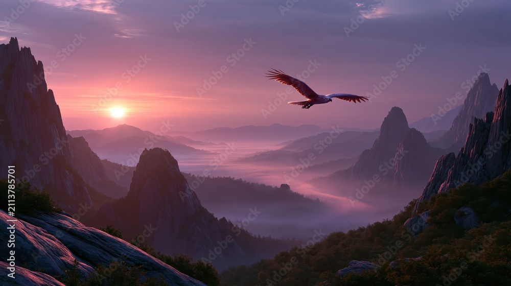 Obraz premium Eagle flies over mountains at sunrise with mist covering the valleys and rocky peaks in the distance