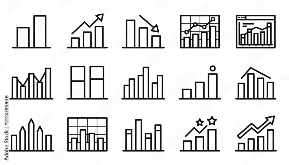 Obraz premium Set of fifteen thin line vector icons representing a bio graph and various business data chart styles