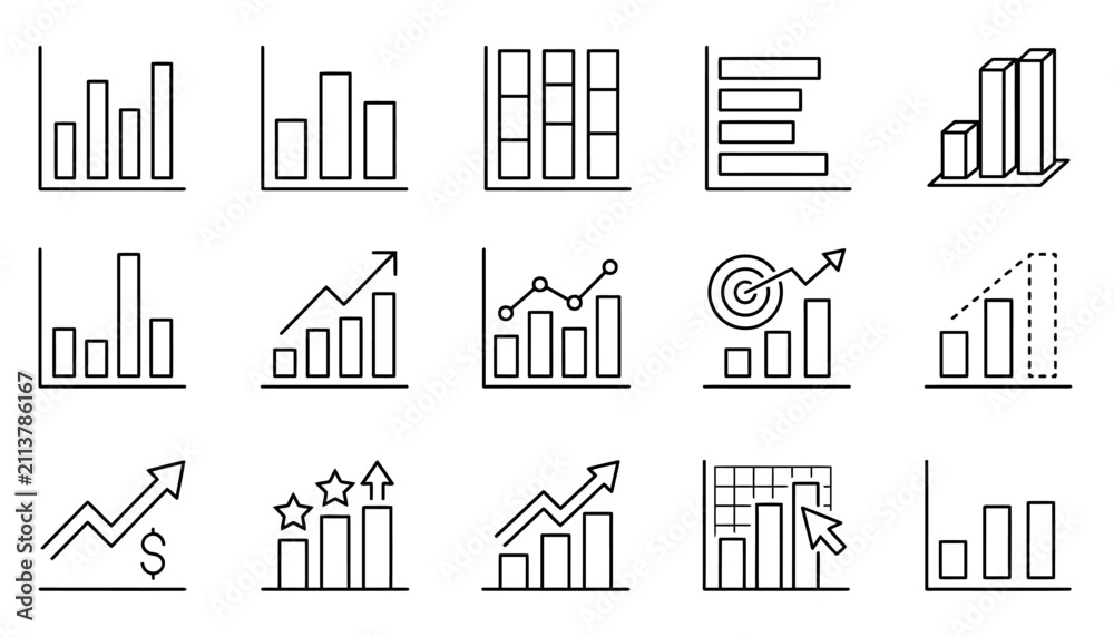 Obraz premium Set of hand drawn business icons featuring a bio graph and various financial data charts for analytical reporting