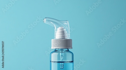 A clear spray bottle stands prominently against a soft blue backdrop, showcasing its minimalist design. The smooth lines and refreshing shape invite curiosity and delight