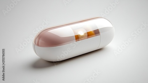 A sleek, futuristic capsule sits on a smooth surface, reflecting light with its glossy finish. The gentle curves and soft colors create an inviting feel, symbolizing health and wellness