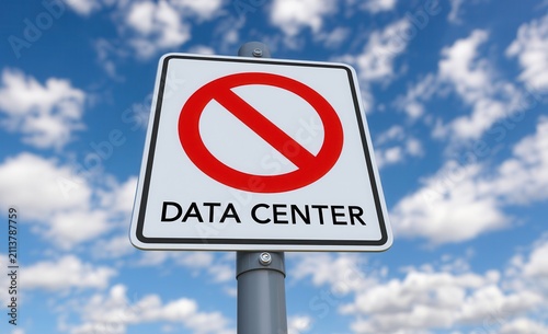 Sign indicating no entry to data center site under blue sky with clouds