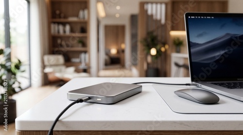 External hard drive connecting to laptop for data storage and backup at home office