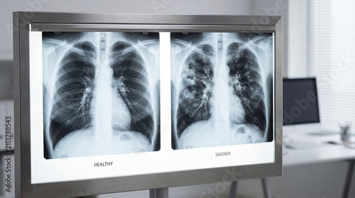 Radiologist comparing healthy lungs and smoker's lungs on an X-ray light box
