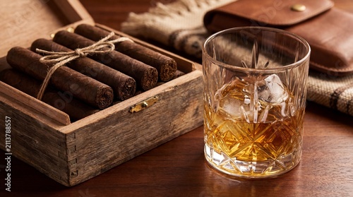 Cigars in wooden box and glass of whiskey on table with leather accessory